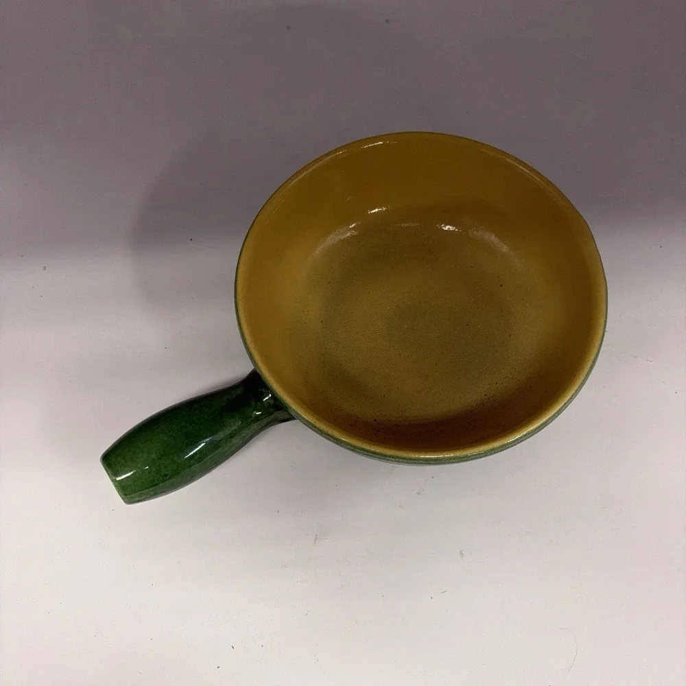 Vtg Landert 22 Fondue‎ Pot Switzerland Green Yellow 60s 70s Mod MCM Pottery Read